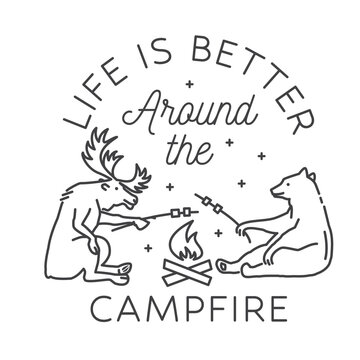 Life Is Better Around the Campfire Line Art Vector Illustration. Outdoor Camping Scene with Wildlife