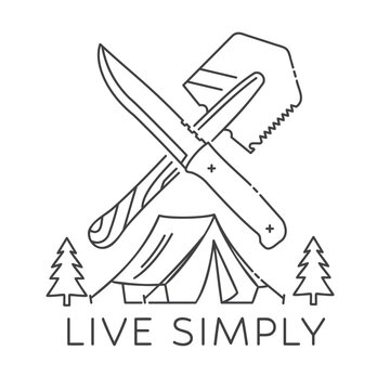 Live Simply Camping Line Art Vector Illustration. Outdoor Adventure Design with Tent, Knife and Saw