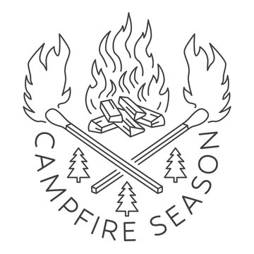 Campfire Season Line Art Vector Illustration. Outdoor Camping Emblem with Fire and Forest Elements