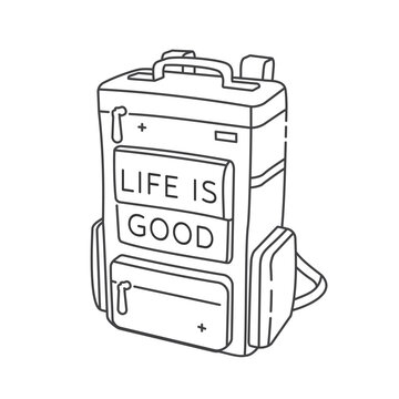 Life Is Good Camping Line Art Vector Illustration. Outdoor Adventure Backpack Design for Hiking Lifestyle