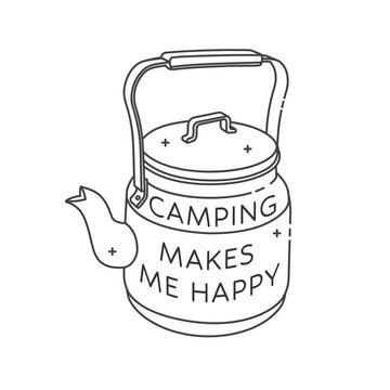 Camping Makes Me Happy Line Art Vector Illustration. Outdoor Adventure Kettle Design for Camp Life