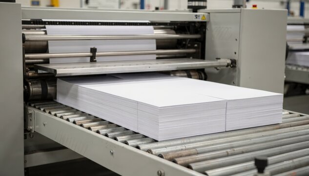 Medium shot capturing tabloid sheet cutting with automated feeding system detailed platen action and systematic stacking of cut parts on conveyor.