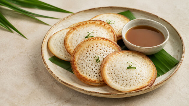 Traditional Indonesian Serabi Pancakes with Palm Sugar Sauce