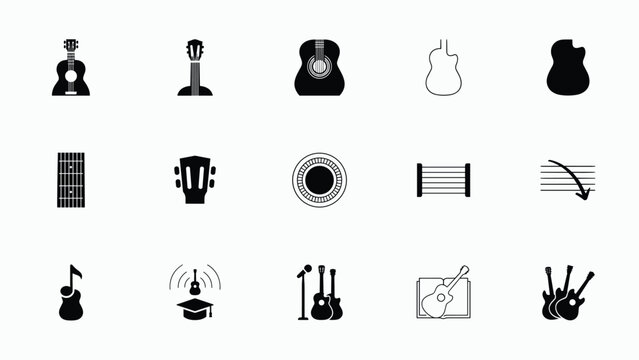 Collection Of Musical Instrument Icons Featuring Guitars Tuning Forks And Microphones Silhouette guitar acoustic electric music sound melody tune amplifier