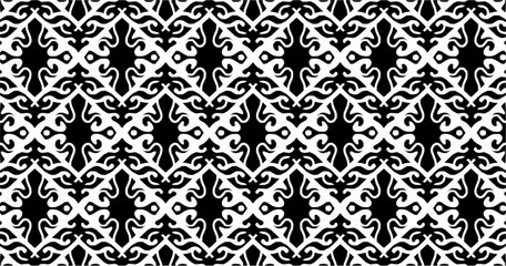 Fototapeta premium Intricate black and white seamless arabesque pattern with ornamental scrollwork. Repeating vector background for wallpaper, textiles, packaging, and decorative surfaces.