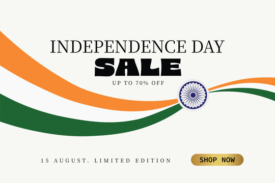 independence day sale promotion banner with indian tricolor wave and ashoka chakra background