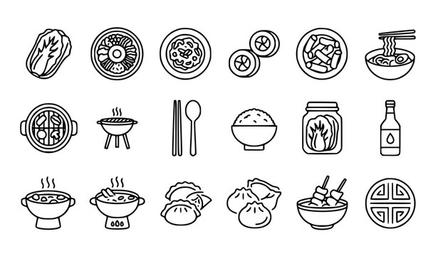Korean Cuisine Outline Icon Set Food Vector Illustration
