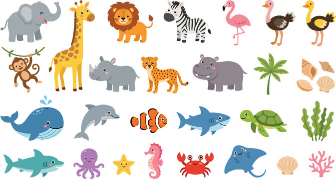 Cute safari and sea animals cartoon vector set featuring wild jungle and marine wildlife creatures isolated design.