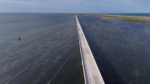 Aerial View of Rodanthe Bridge, Also Known as Jug Handle Bridge, Spanning Pamlico Sound Near Pea Island in the Outer Banks, North Carolina