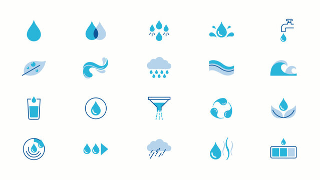 Collection of water droplet and weather icons in a flat blue silhouette rain cloud wave faucet leaf humidity liquid precipitation