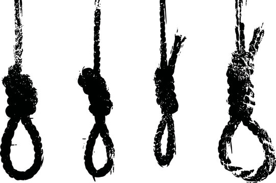 Four hanging nooses tied with rough rope in different styles isolated on white background