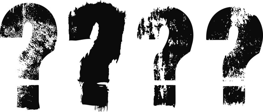 grunge question marks set four distressed black question mark symbols on white background abstract textured punctuation marks graphic design