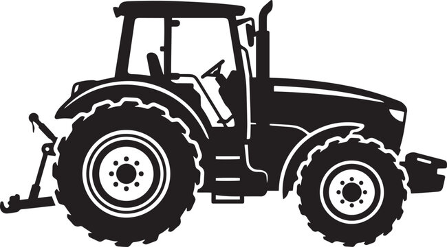 Agricultural farm tractor vector graphic silhouette detailed side view industrial machinery isolated on white background