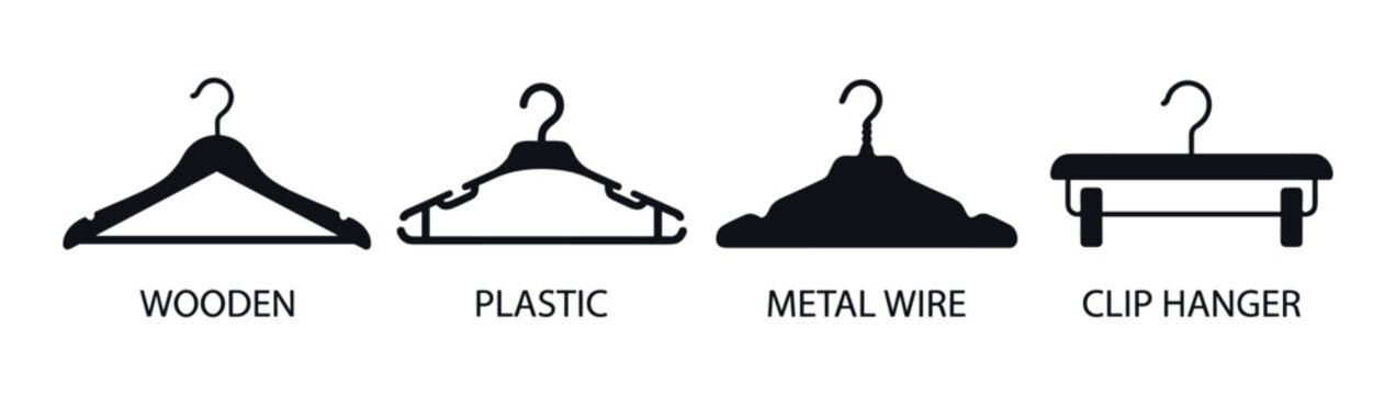 Assortment of hangers for clothes wooden plastic metal wire clip hanger collection.