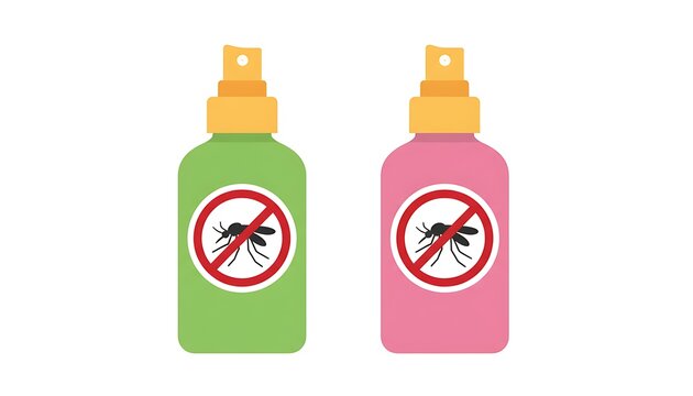 Two colorful spray bottles with a no mosquito symbol for insect repellent solutions