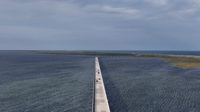 Aerial View of Rodanthe Bridge, Also Known as Jug Handle Bridge, Spanning Pamlico Sound Near Pea Island in the Outer Banks, North Carolina