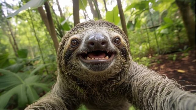 Close-up of a curious sloth with mouth open in a lush green rainforest setting