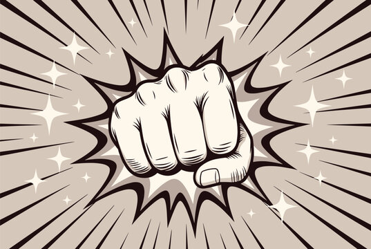 Dramatic fist punch illustration on a beige background with a dynamic starburst and comic book style explosive lines for high impact action.