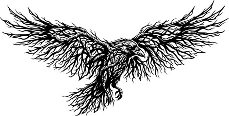 Fototapeta premium Gothic Style Flying Crow Graphic Made of Tree Branches