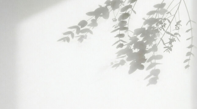 Shadows of leaves on a white wall with sunlight filtering through