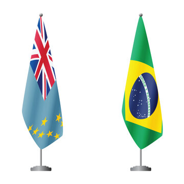 Tuvalu and Brazil flags on flagpoles for official ceremonies and meetings, transparent background vector