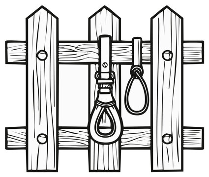 Hanging nooses on rustic wooden picket fence representing difficult choices and decisions or consequences