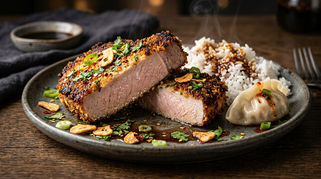 Crispy pork cutlet served with steamed rice, siomai dumpling, garlic chips, herbs, and savory dipping sauce