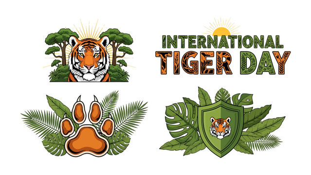 International Tiger Day Celebration: A graphic collection celebrating International Tiger Day, featuring a fierce tiger portrait, paw print, jungle foliage, and text.