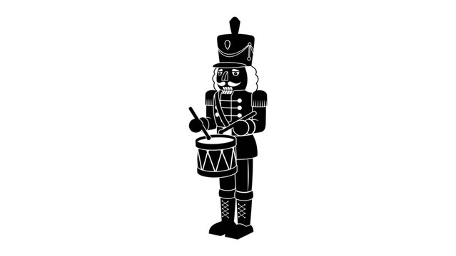 Nutcracker Drummer Illustration: A black and white illustration of a nutcracker soldier holding drumsticks and beating a drum, ready for a festive parade or holiday celebration.