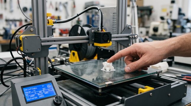 3d printing in progress man inspecting a small white gear prototype