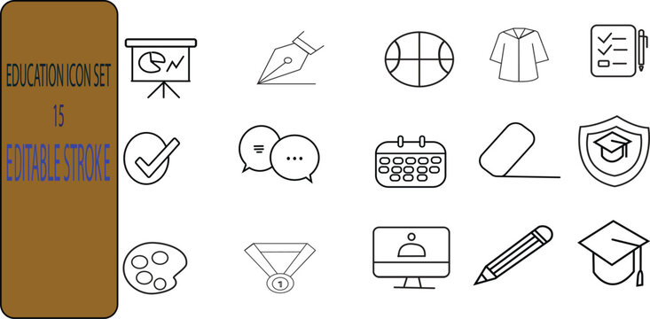 Set of fifteen flat line education and school icons for academic presentation