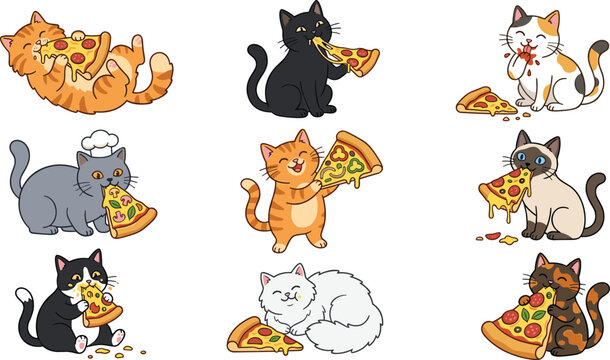 Cute cat sticker set eating pizza slice funny kitten character design cartoon mascot illustration food vector