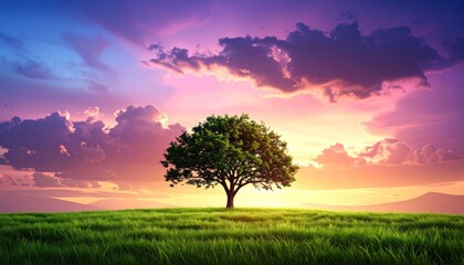 Fototapeta premium Solitary tree on a grassy hill bathed in vibrant sunset hues, serene and peaceful