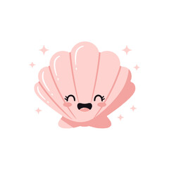 Fototapeta premium Cute Pink Seashell with Happy Face and Sparkles.