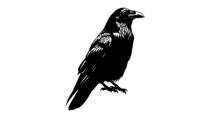 Black Raven Silhouette: A striking black raven, perched stoically, its silhouette sharp against a clean backdrop, embodying mystery and intelligence. © mahmuda428