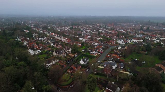 Aerial Drone View of Shrewsbury Residential Neighbourhood on a Misty Day, England