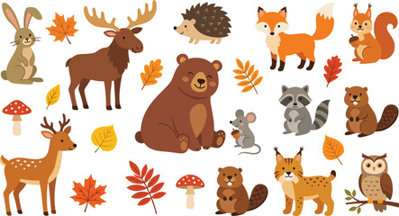 Fototapeta premium Cute woodland animal cartoon character vector sticker set with forest creatures autumn leaves and mushroom elements