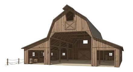Large wooden barn with gambrel roof and open storage bays © ardi