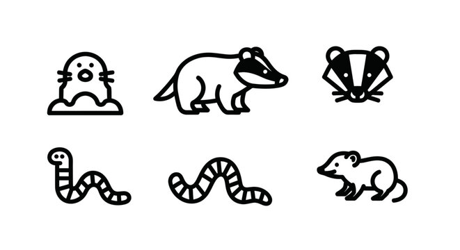 Burrowing animal and earthworm black line icon collection.