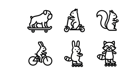 Naklejka premium Cute animals using skateboards and bicycles icon set.