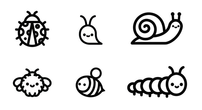 Cute garden bug line art characters.