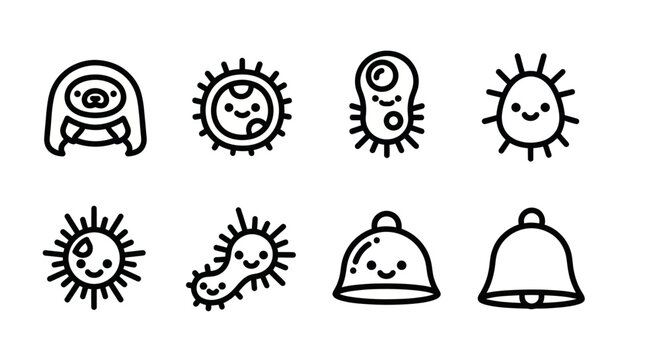 Cute microbe and cellular biology line icons.