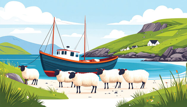 Sheep standing on sandy beach shore.