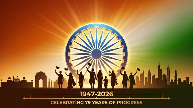Indian Independence Day celebration banner, Ashoka Chakra with people silhouettes, 79 years of progress 1947-2026 commemorative patriotic poster