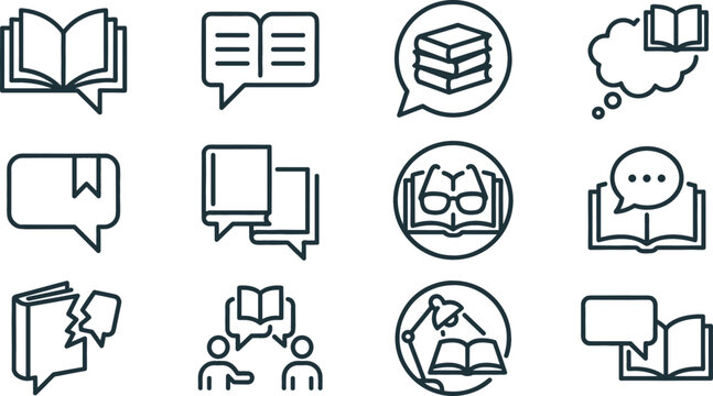 Book reading line icon set featuring speech bubbles study education library discussion and literary chat vector symbols