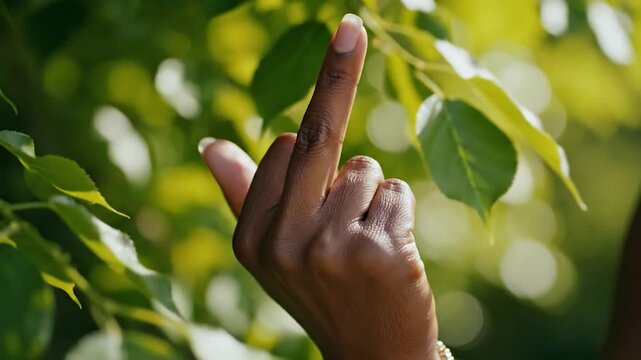 A person shows a rude hand gesture against green leaves