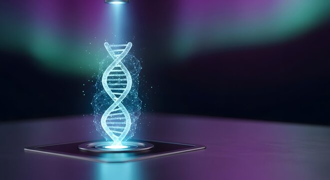 Futuristic Glowing Blue DNA Helix Structure on a Sleek Digital Platform, with an Abstract Purple and Teal Gradient Background, perfect for a Science and Technology Poster.