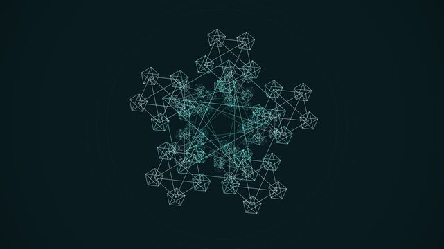 Cinematic 4K seamless loop of a glowing blue pentagon sacred-geometry pattern breathing in radial symmetry with cinematic depth. Ideal for vj loop, trance. 4K UHD.