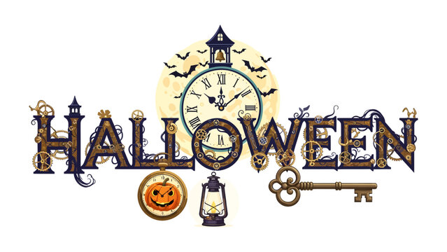 Steampunk Halloween Emblem: A captivating emblem featuring the word HALLOWEEN in a steampunk style, adorned with vintage gears, a large clock, bats, a jack-o'-lantern, lanterns, and an antique key.
