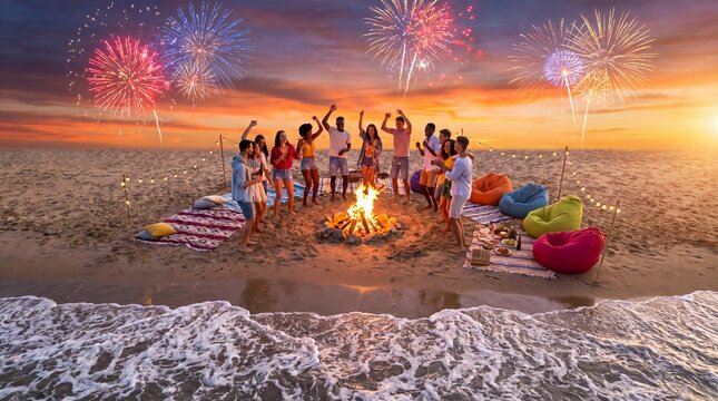 Summer beach party with bonfire and fireworks, diverse group of friends celebrating at sunset, festive outdoor gathering on the sand by the ocean